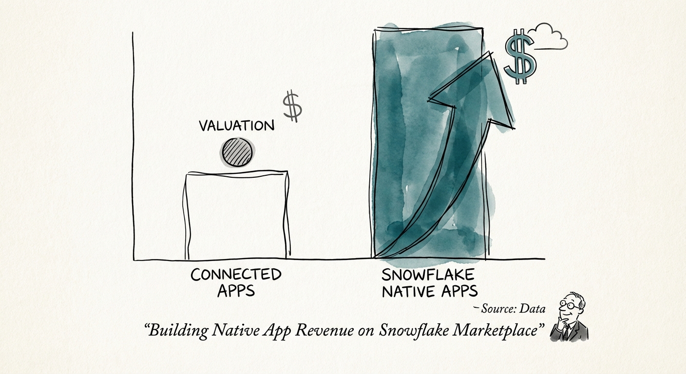 A chart comparing valuation multiples of Connected Apps vs Snowflake Native Apps.