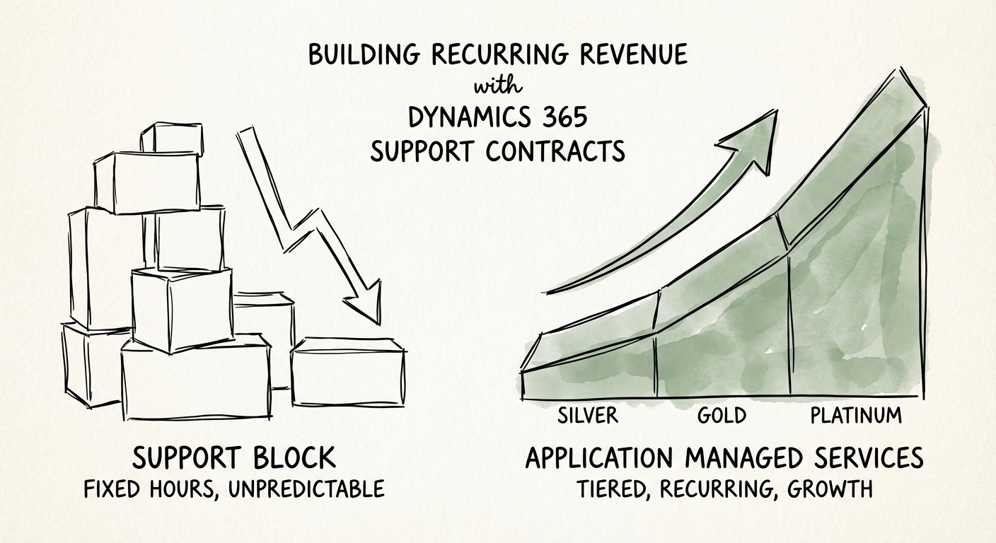 Diagram comparing 'Support Block' revenue model vs. 'Application Managed Services' tiered model.