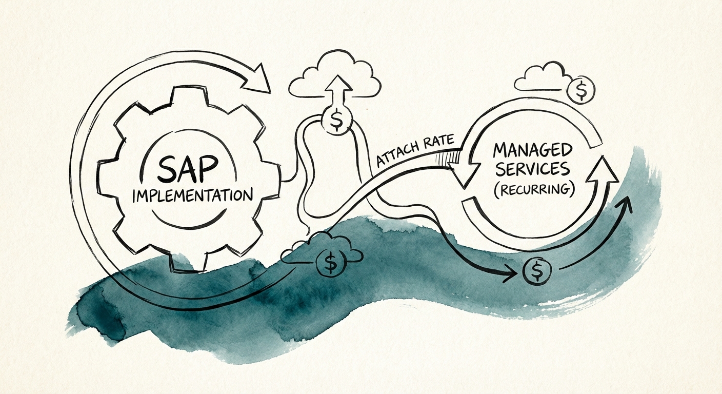 Diagram illustrating the 'Attach Rate' strategy for converting SAP implementations into long-term managed services contracts