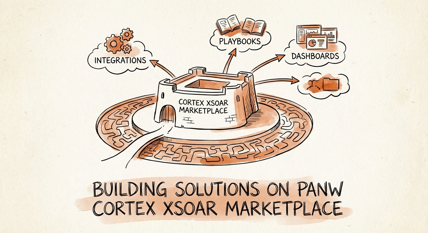 Diagram showing the Cortex XSOAR Content Pack architecture: Integrations, Playbooks, and Dashboards creating a defensive moat.