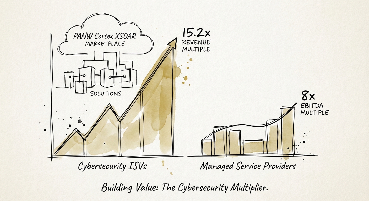 Graph comparing 15.2x Revenue multiples for Cybersecurity ISVs versus 8x EBITDA multiples for Managed Service Providers.