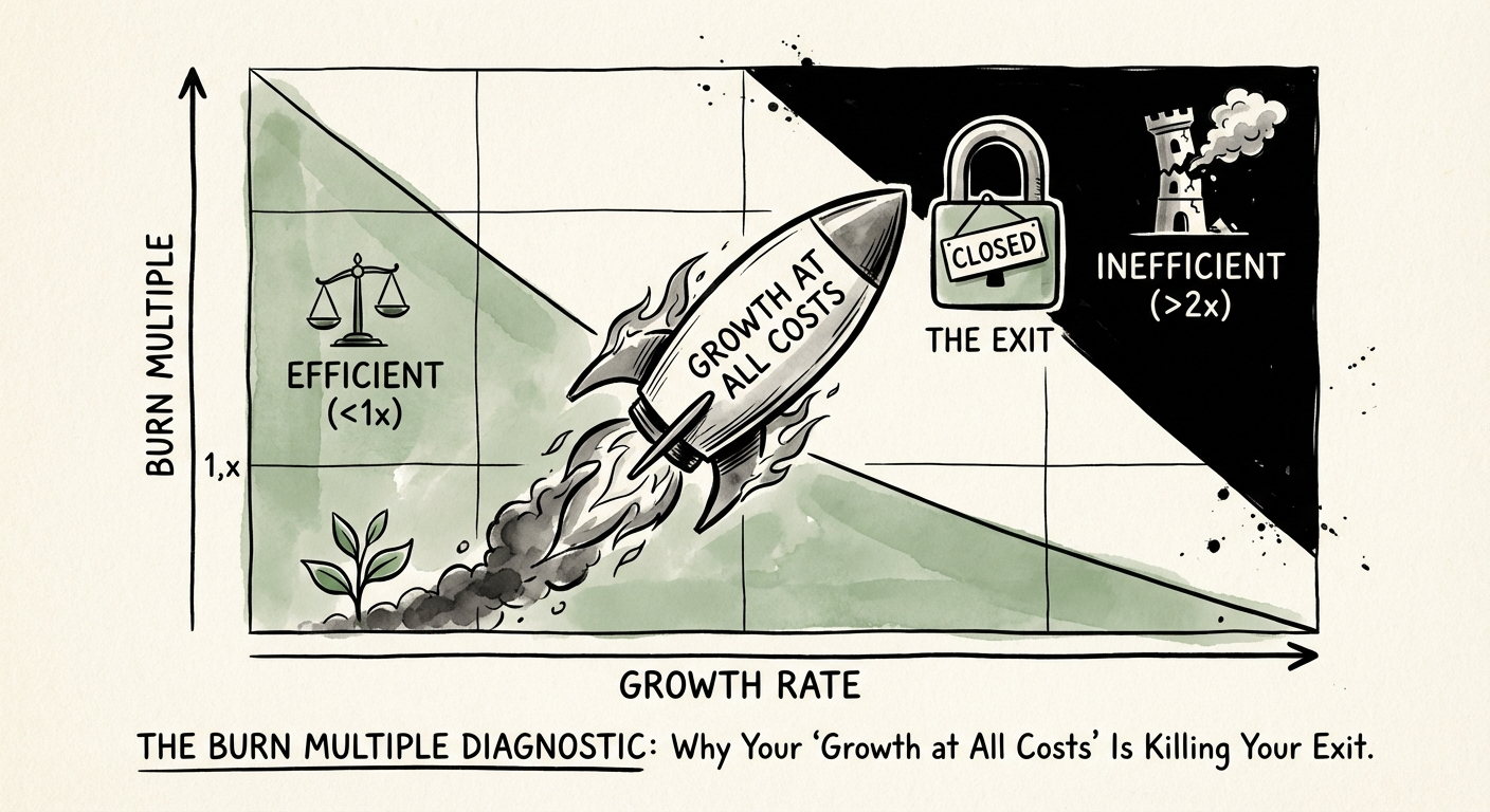A graphical efficiency grid showing Burn Multiple benchmarks for SaaS companies, ranging from Efficient (<1x) to Inefficient (>2x).
