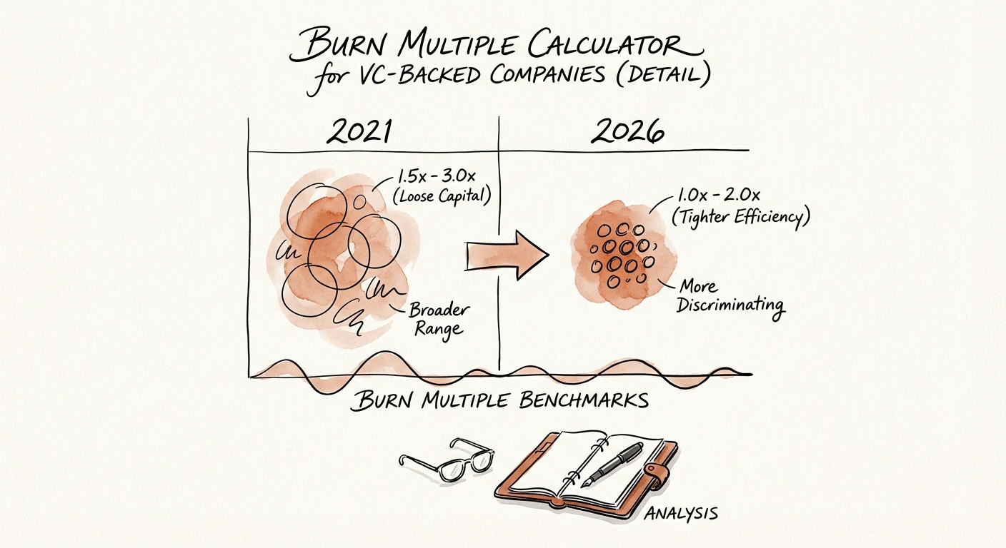 Comparison chart showing Burn Multiple benchmarks for 2021 vs 2026 showing tighter capital efficiency standards