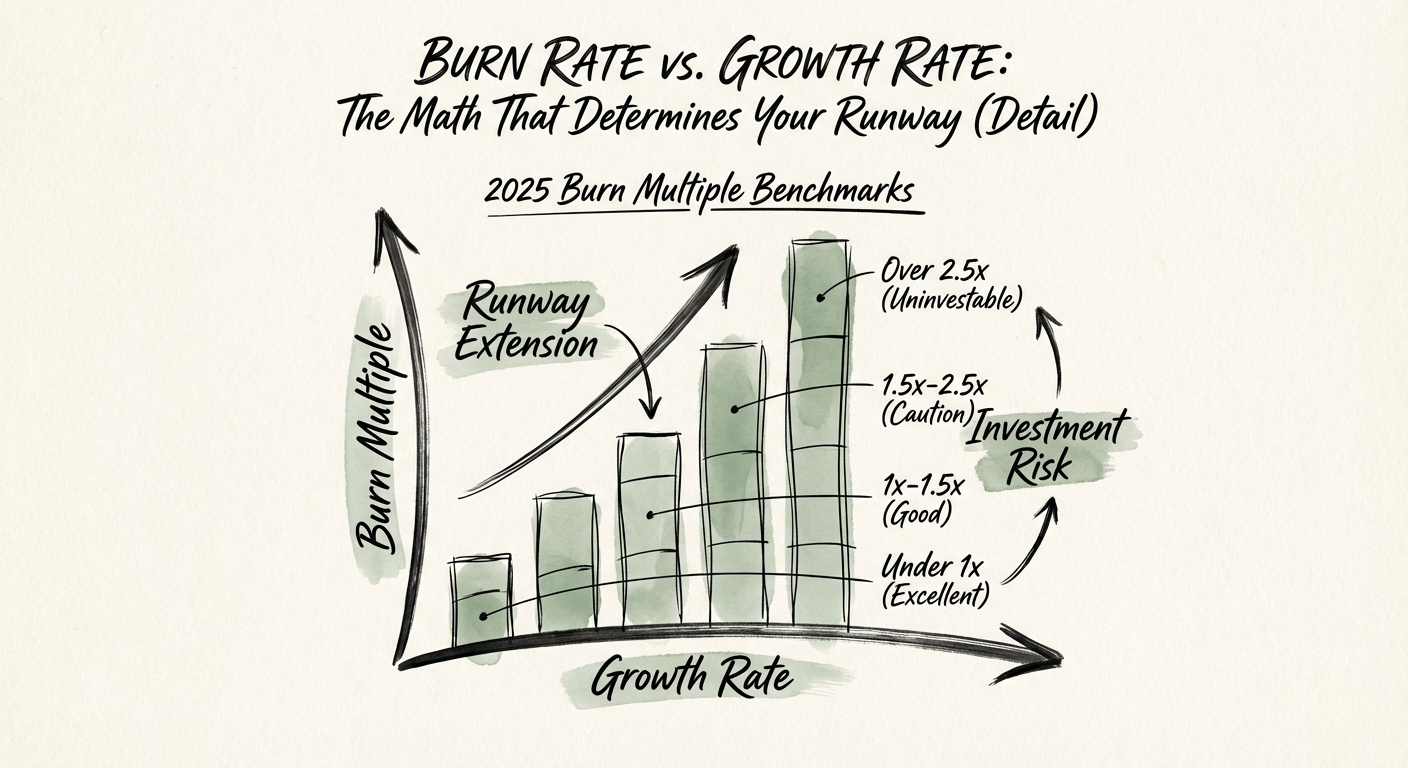 Chart illustrating the 2025 Burn Multiple Benchmarks: Under 1x (Excellent) to Over 2.5x (Uninvestable).