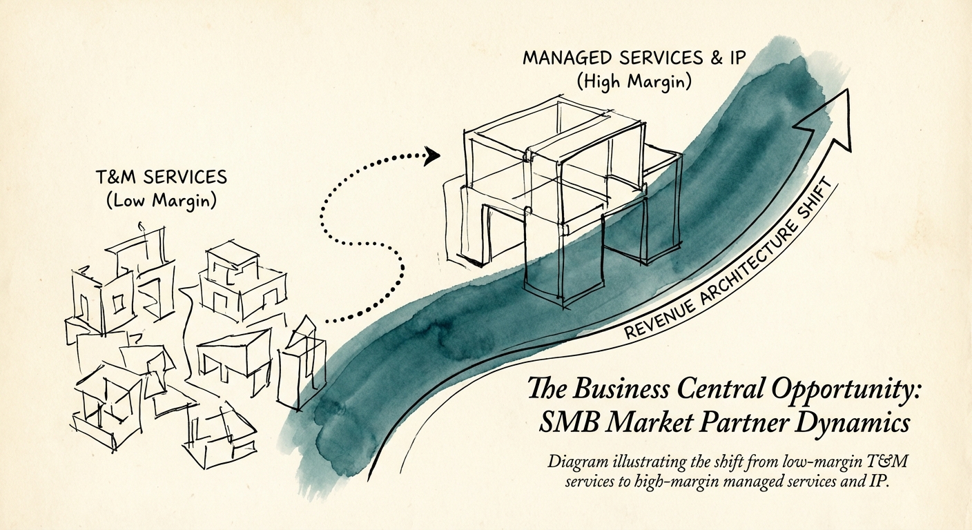 Diagram illustrating the 'Revenue Architecture' shift from low-margin T&M services to high-margin managed services and IP.
