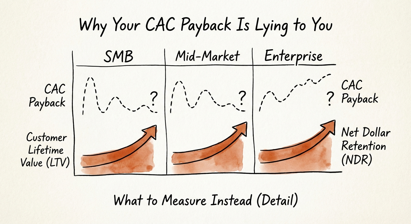 Chart comparing CAC Payback periods across SMB, Mid-Market,
and Enterprise B2B SaaS segments.