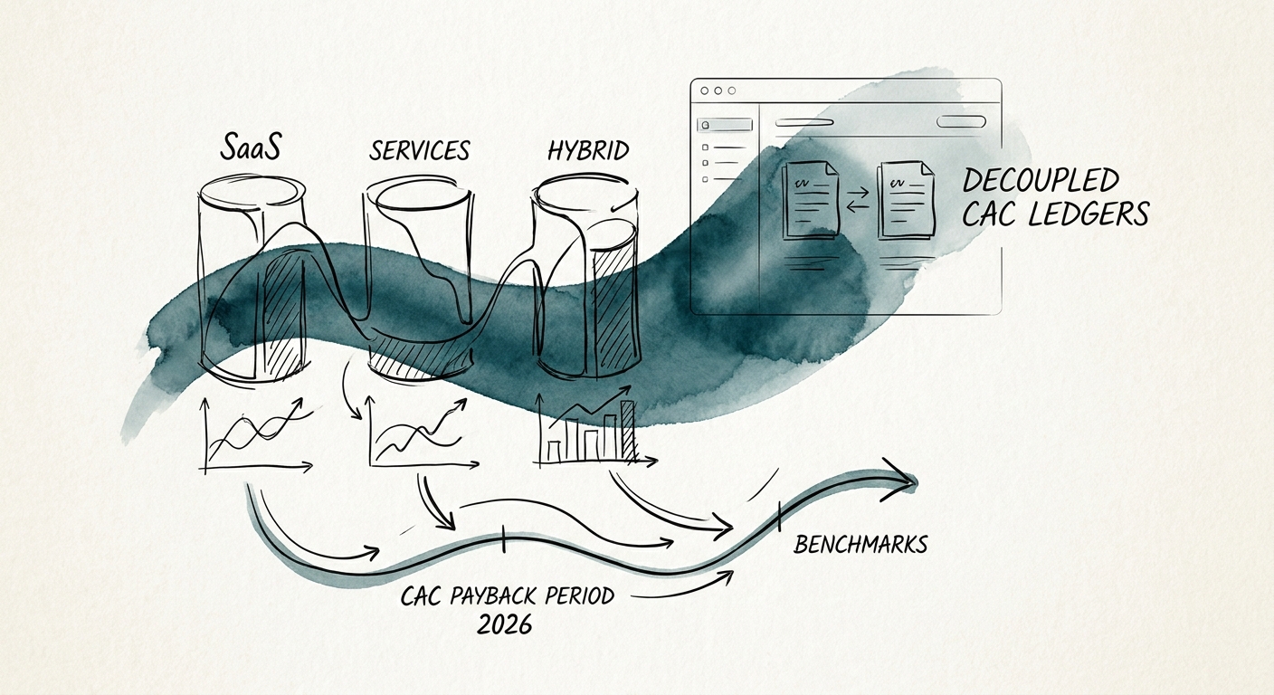 Dashboard illustrating decoupled customer acquisition cost ledgers for software and professional services.