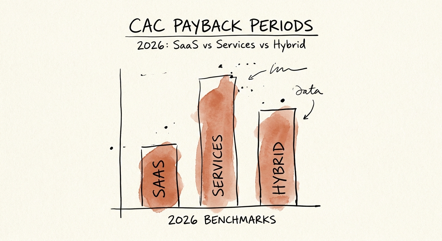 Bar chart comparing CAC payback periods for SaaS, Services, and Hybrid business models in 2026.