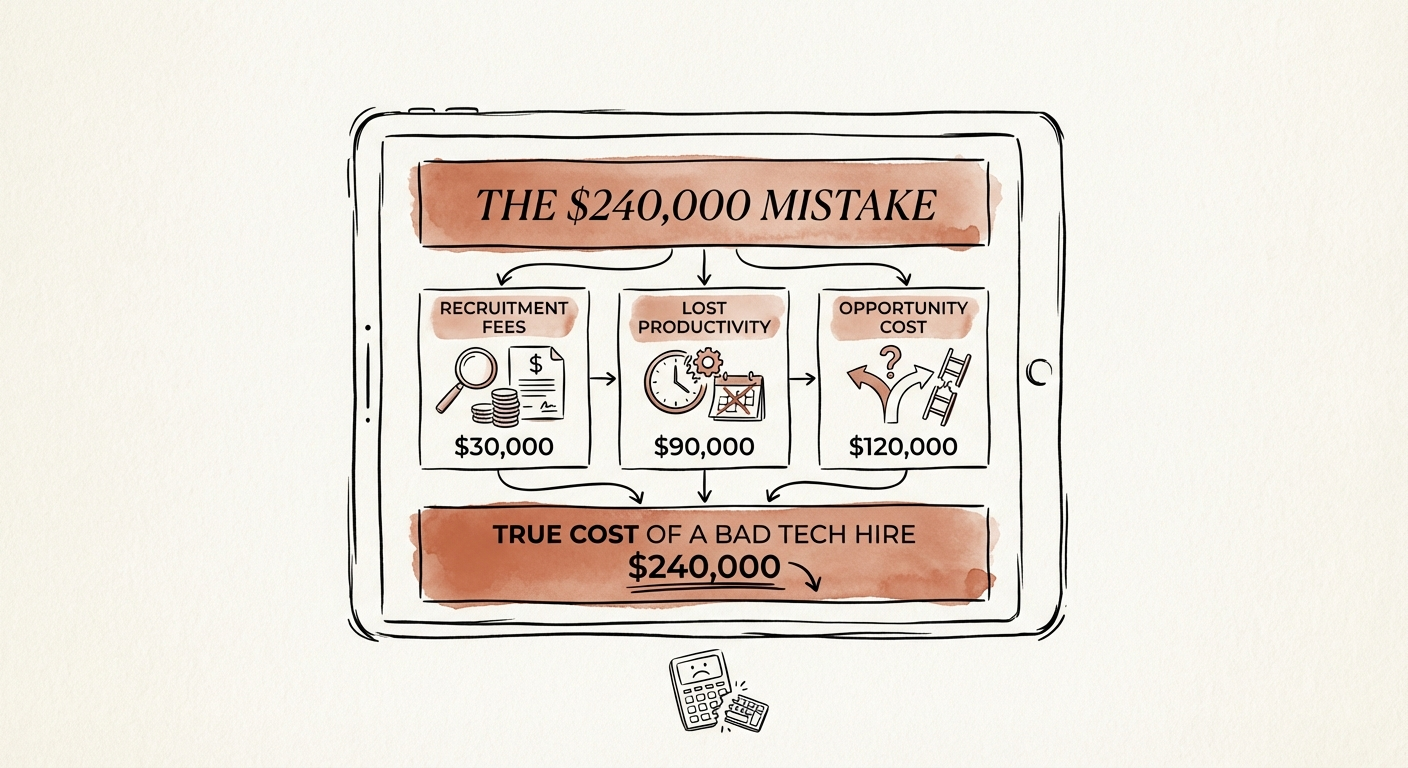A digital dashboard showing the financial calculation of a bad hire, highlighting recruitment fees, lost productivity, and opportunity cost.