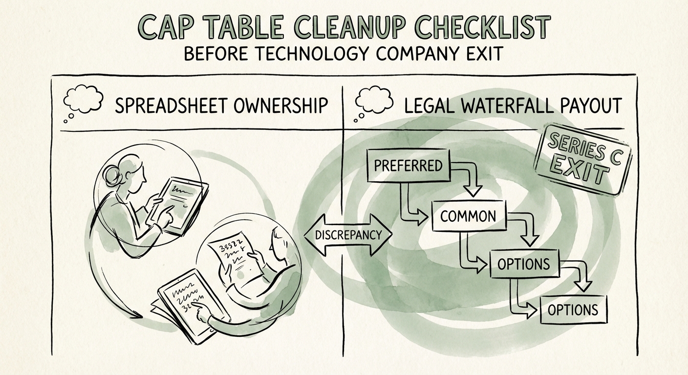 A chart showing the discrepancy between 'spreadsheet ownership' and 'legal waterfall payout' in a Series C exit scenario.
