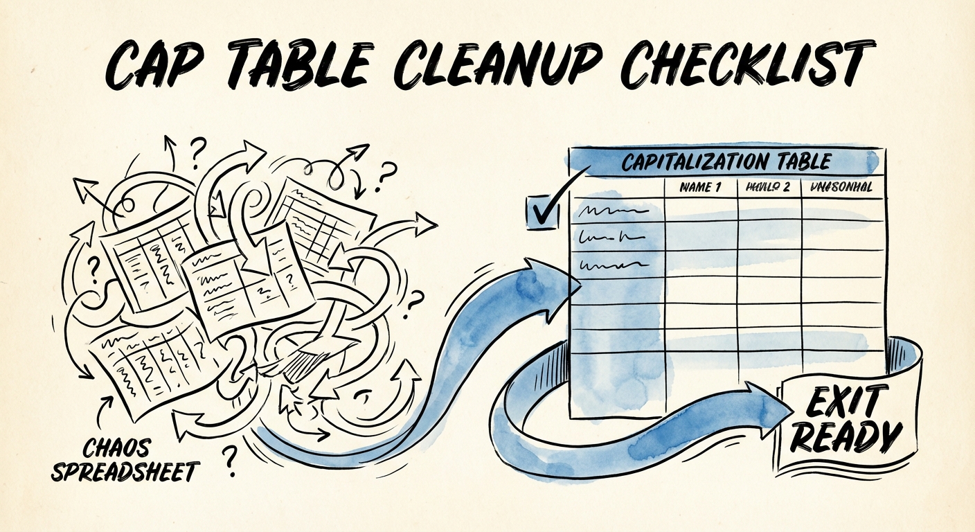A digital illustration of a chaotic spreadsheet transforming into a clean, verified capitalization table, symbolizing exit readiness.