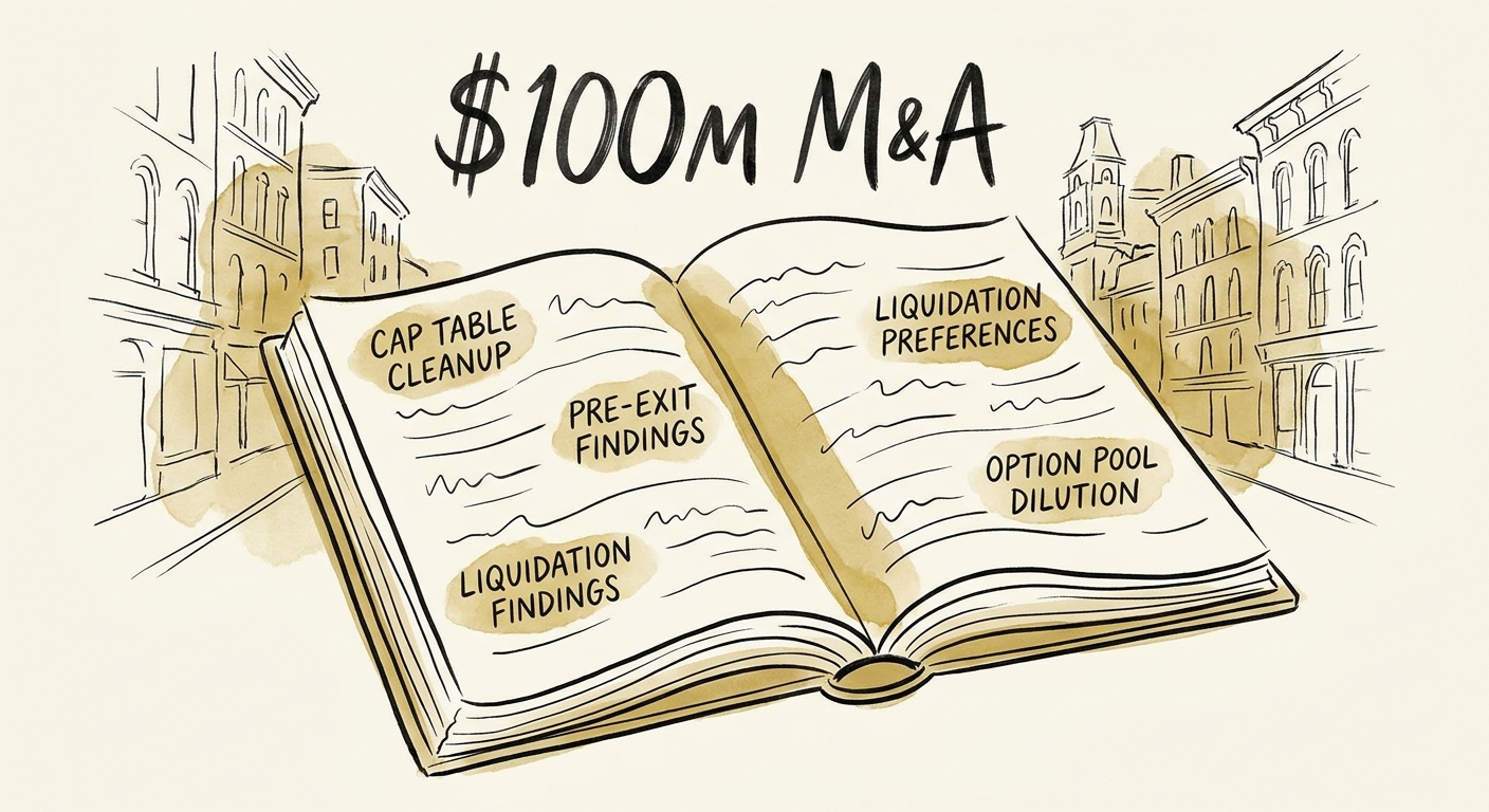 Financial ledger showing liquidation preferences and option pool dilution in a $100M M&A deal.