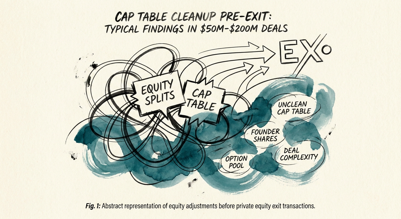 Abstract representation of capitalization table equity splits and private equity exit transactions.
