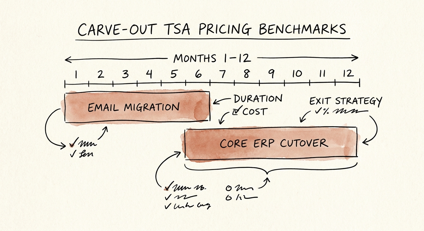Gantt chart displaying a staggered 12-month carve-out TSA exit strategy, separating email migration from core ERP cutover.
