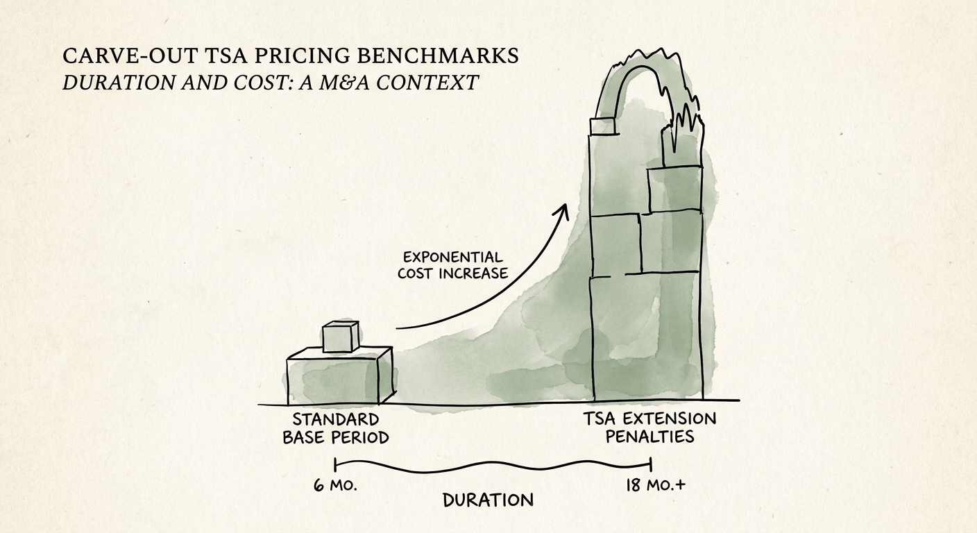 Bar chart illustrating the exponential cost increase of TSA extension penalties versus standard base periods in M&A carve-outs.
