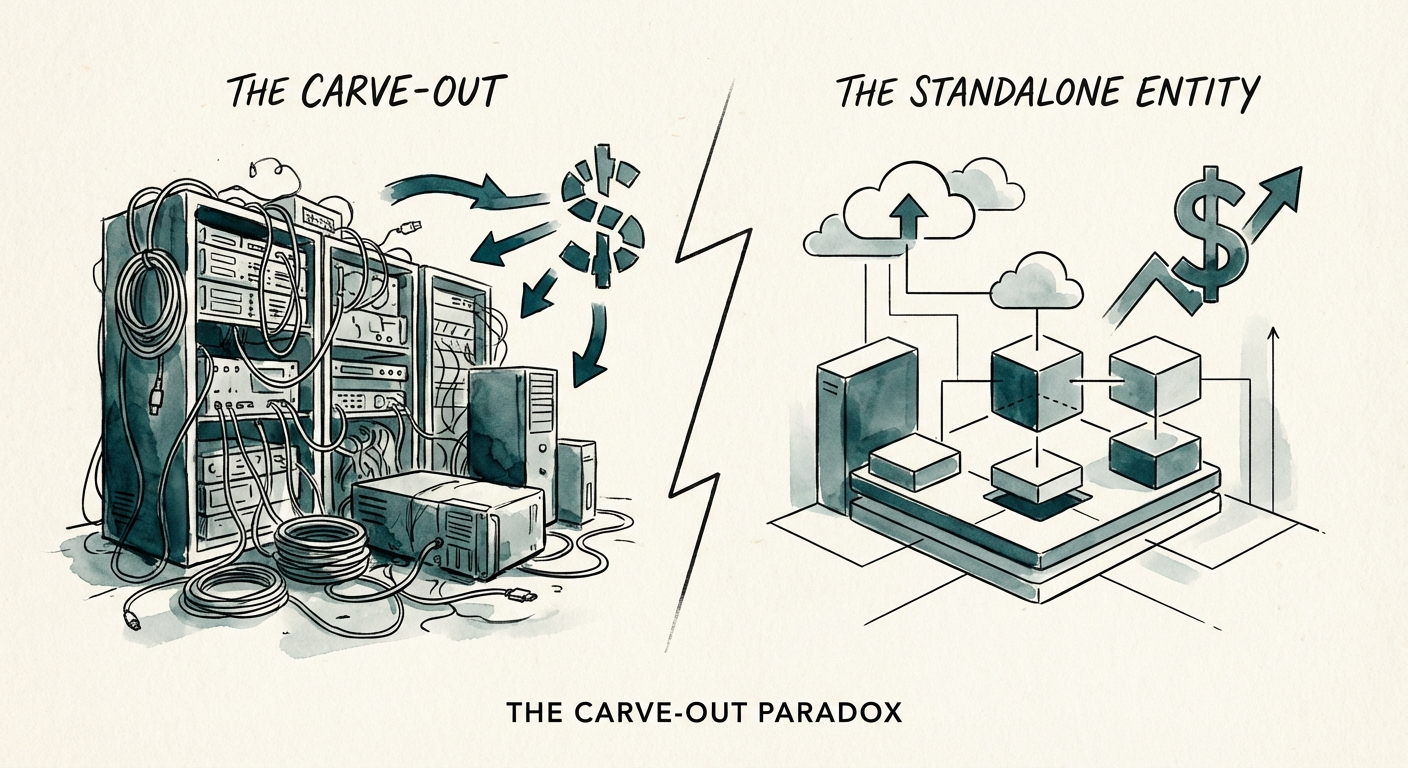 A split visual comparing a messy, entangled server room representing a carve-out versus a clean, streamlined modern tech stack representing a successful standalone entity.