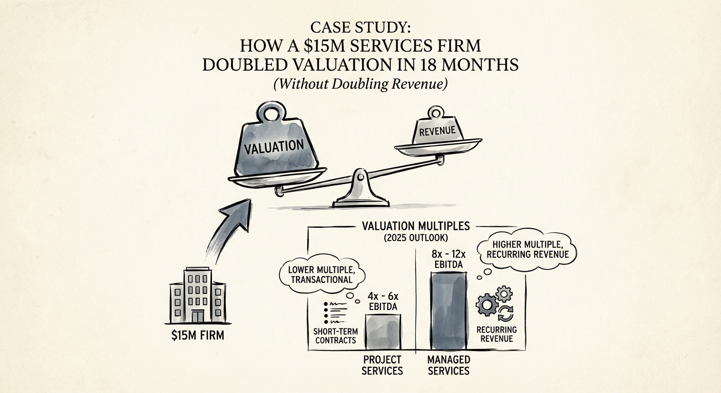 A comparison chart showing valuation multiples for Project Services vs Managed Services in 2025