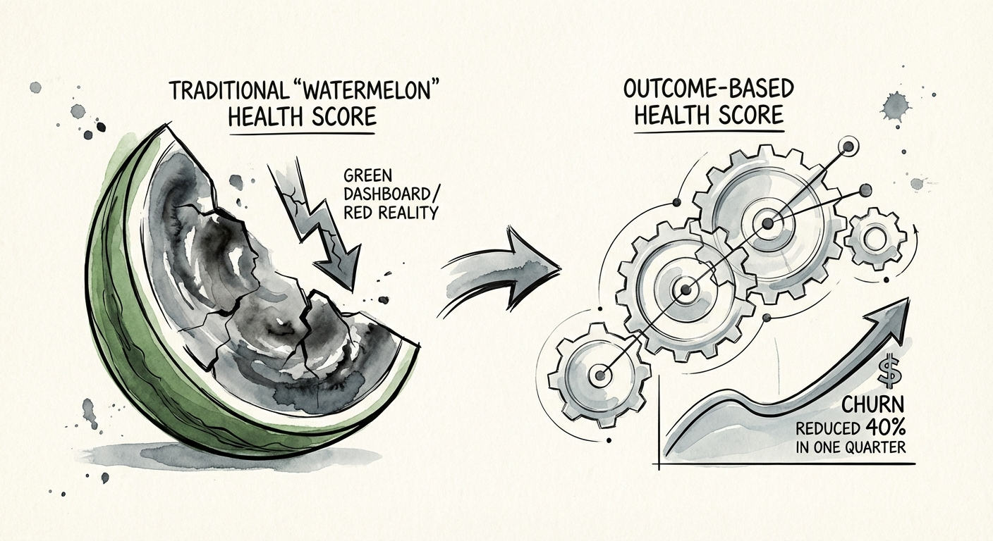 Comparison of 'Watermelon' health scores (Green dashboard, Red reality) vs Outcome-based health scores