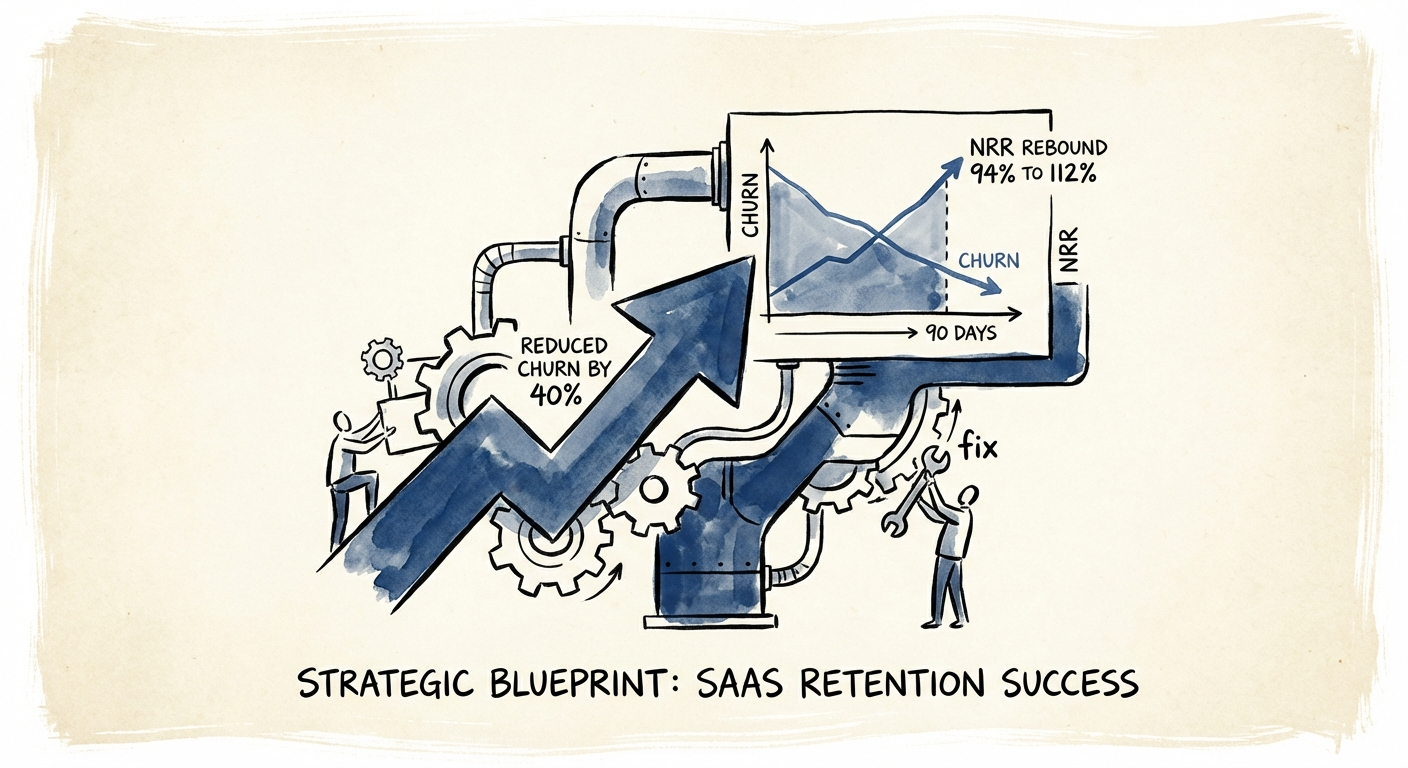 Graph showing SaaS churn reduction over 90 days with NRR rebounding from 94% to 112%