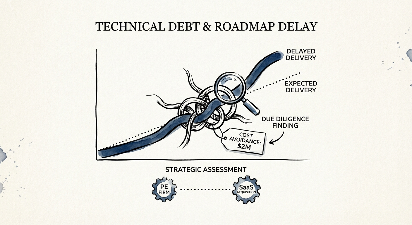 Chart showing the correlation between high code complexity and delayed product roadmap delivery in SaaS acquisitions.