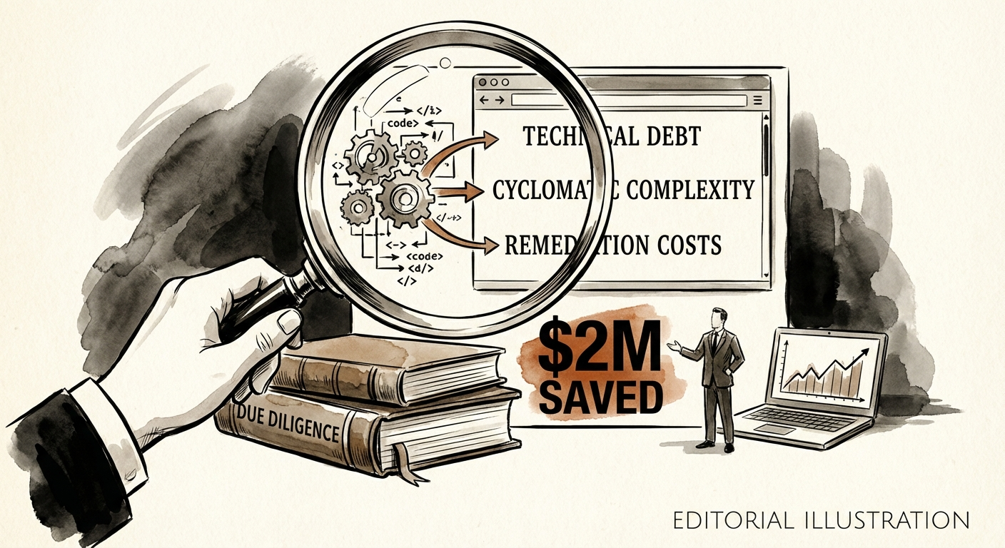 PE Operating Partner reviewing code audit metrics on a dashboard showing cyclomatic complexity and remediation costs.