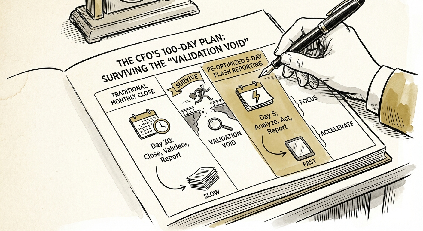 Chart comparing traditional monthly close cycles vs PE-optimized 5-day flash reporting