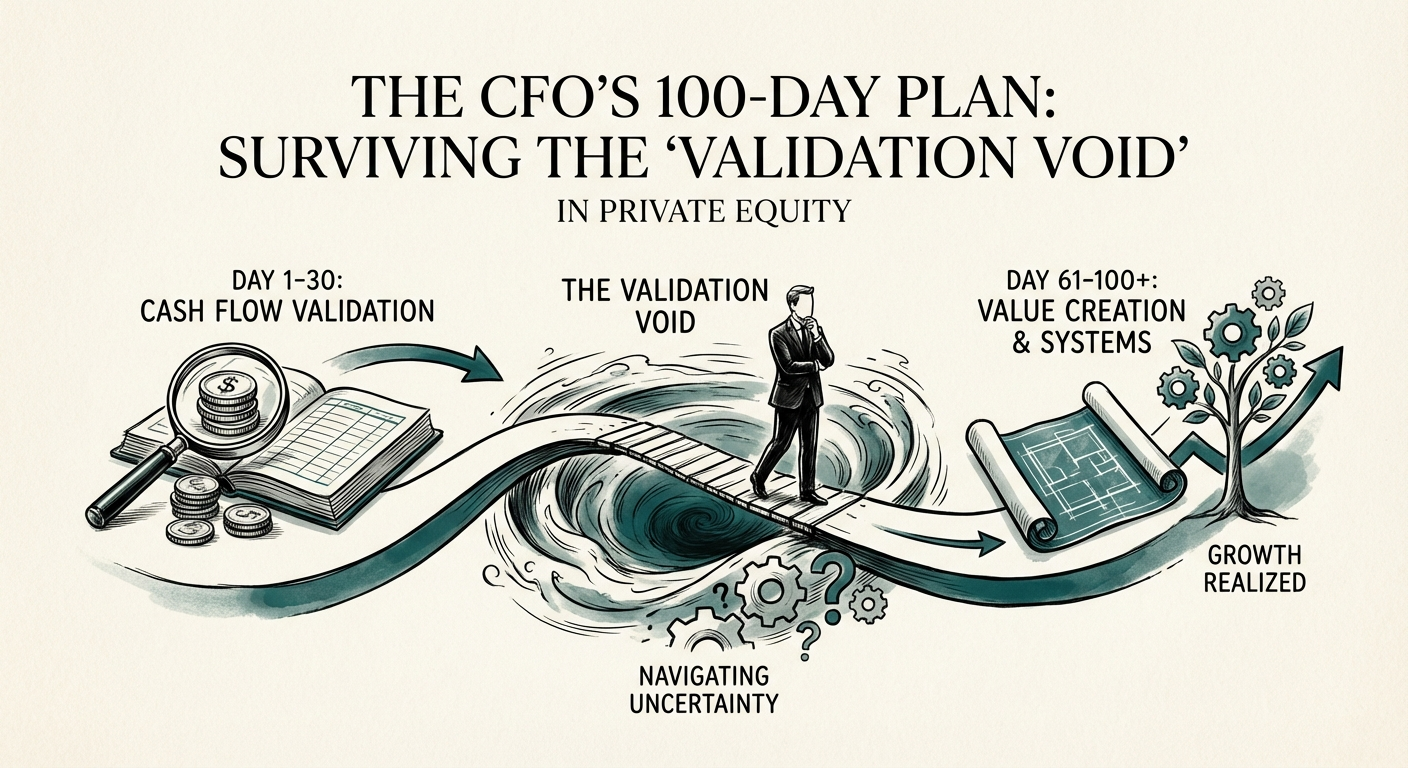 Private Equity CFO 100-Day Plan Timeline showing cash flow validation, systems implementation, and value creation phases