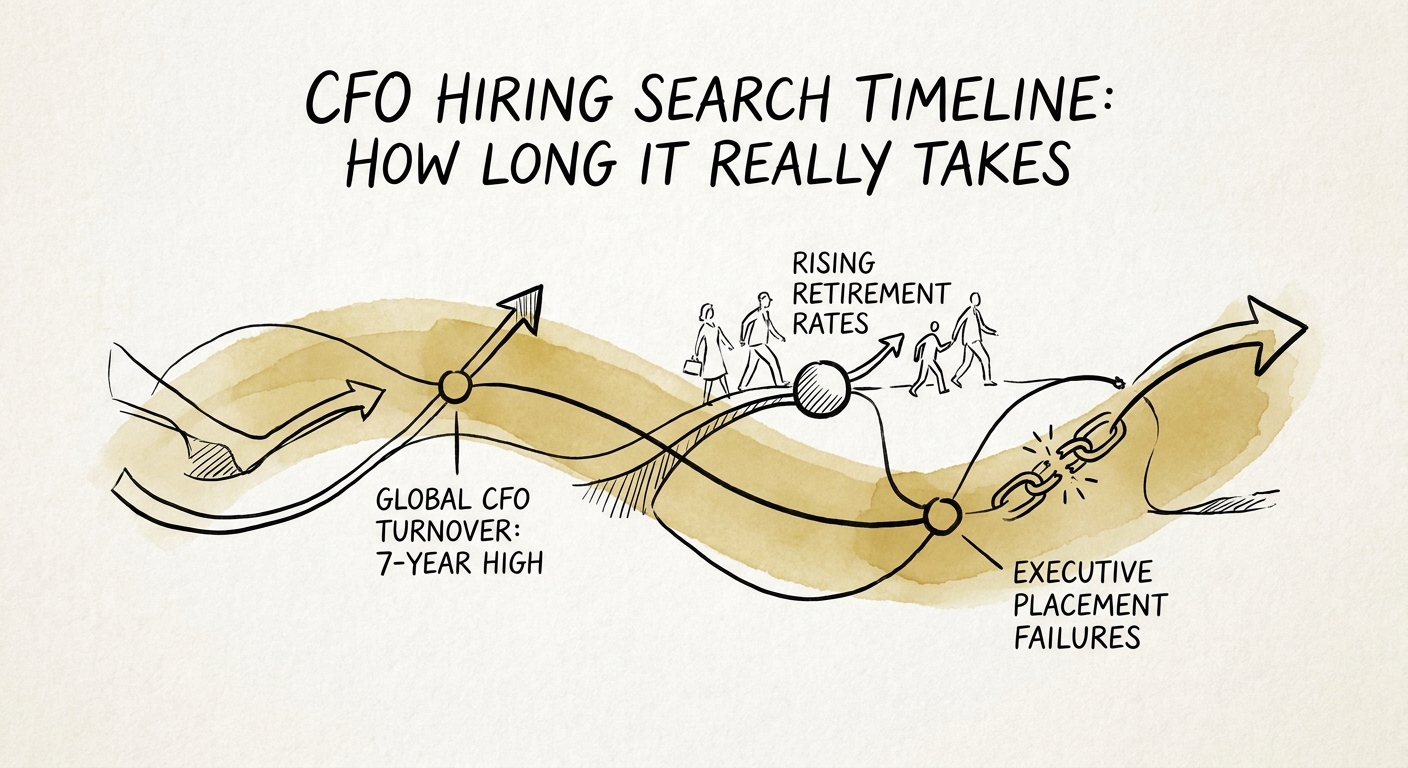 Data visualization showing global CFO turnover hitting a 7-year high, juxtaposed against rising retirement rates and executive placement failures.