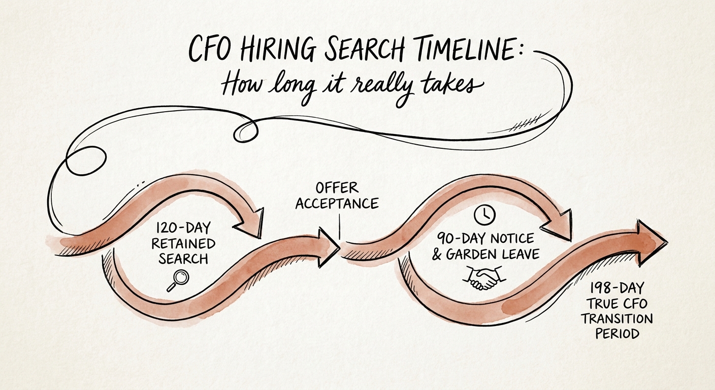 A timeline chart breaking down the 198-day true CFO transition period, from the 120-day retained search to the 90-day notice and garden leave provisions.