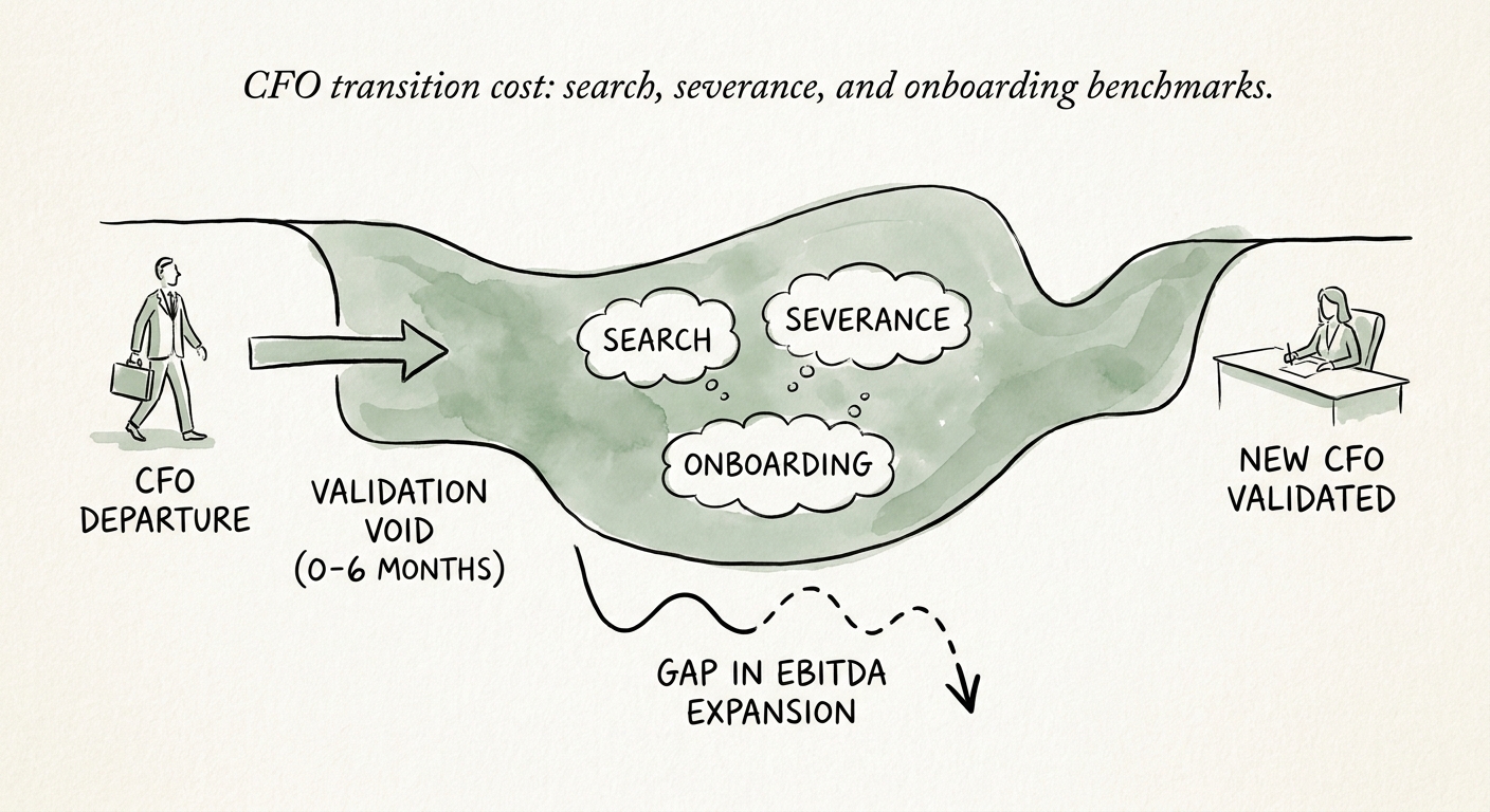 A timeline illustrating the 6-month 'Validation Void' during a CFO transition, highlighting the gap in EBITDA expansion.
