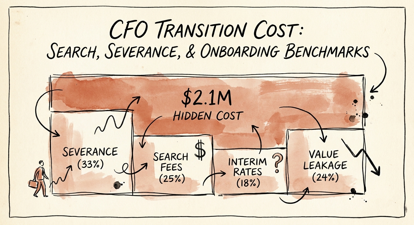 A chart breaking down the $2.1M hidden cost of a CFO transition, showing severance, search fees, interim day rates, and enterprise value leakage.