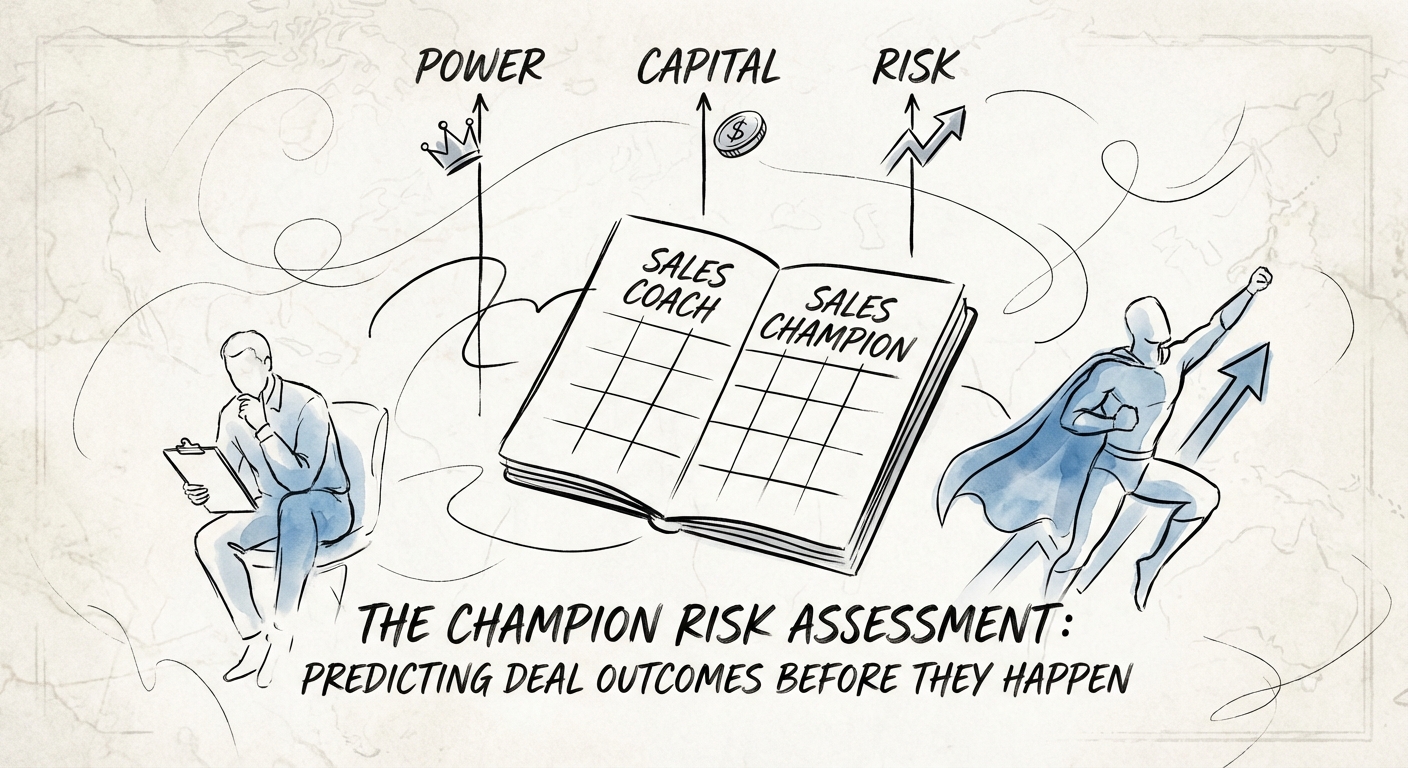 A diagnostic matrix comparing 'Sales Coach' vs 'Sales Champion' characteristics across Power, Capital, and Risk axes.