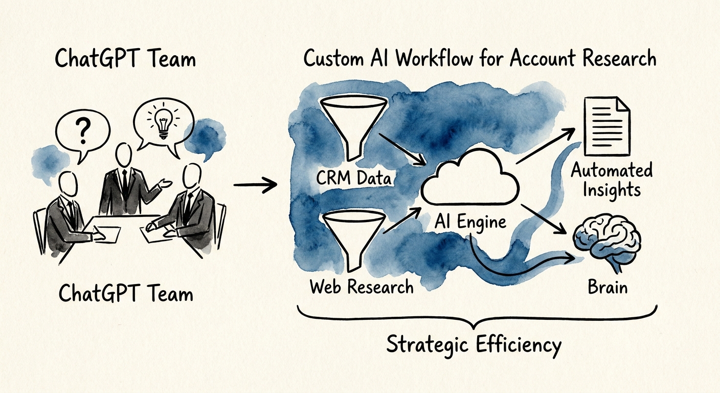 Diagram comparing manual chat-based account research with an approved-source workflow that writes briefings into the CRM.