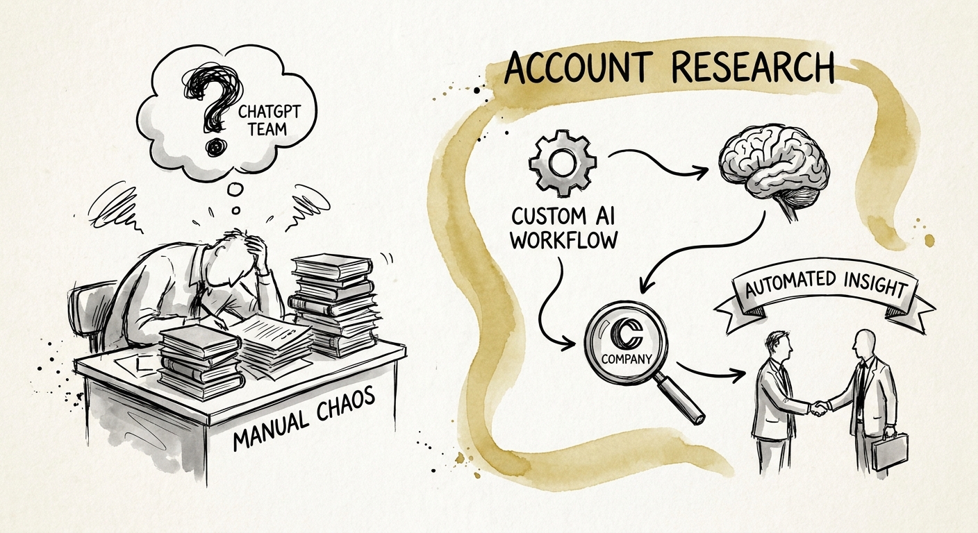 Revenue operations team comparing a chat-based account research process with a governed custom workflow.