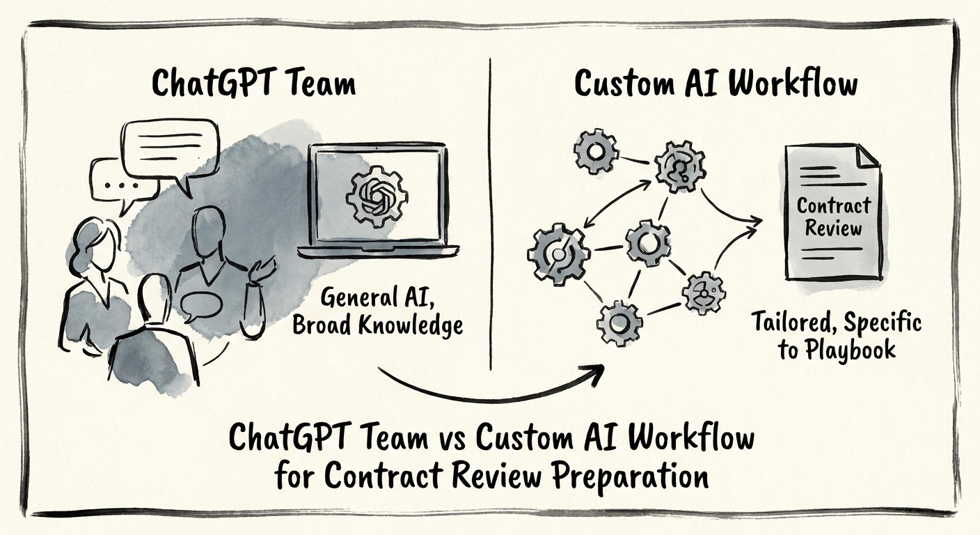 Legal operations and finance team comparing ChatGPT Team with a custom AI contract review workflow.