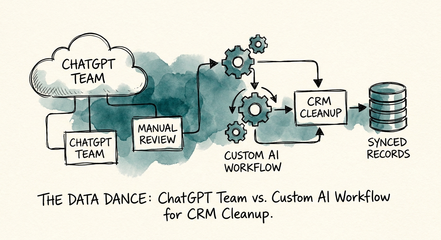CRM cleanup workflow showing duplicate detection, enrichment review, owner conflict routing, safe writeback, and rollback log.