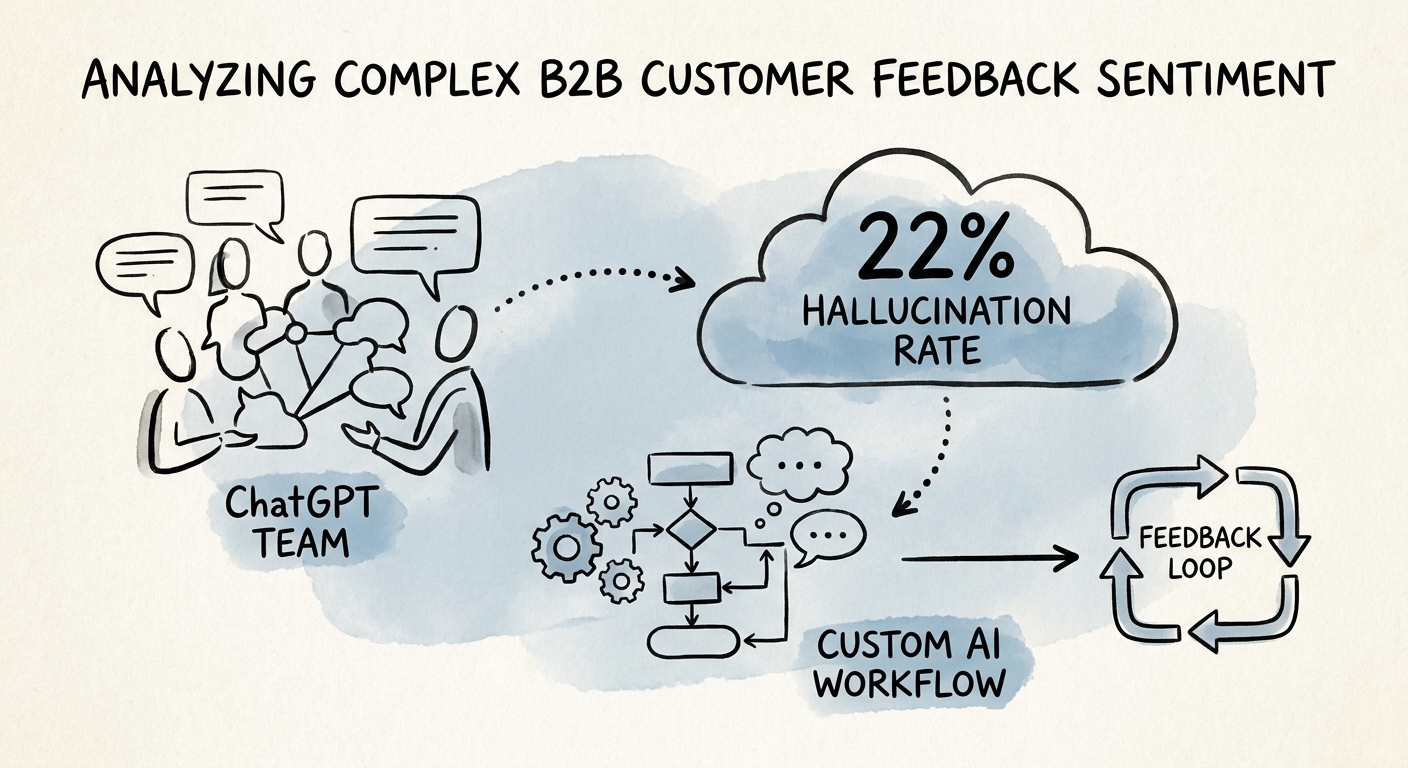 Customer feedback analysis workflow showing source capture, theme evidence, segment weighting, escalation, and product follow-through.
