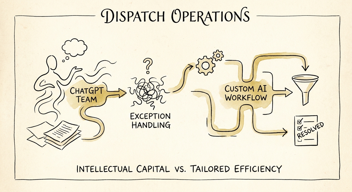 dispatch leaders reviewing SLA risk, technician availability, and inventory status before AI-assisted routing.