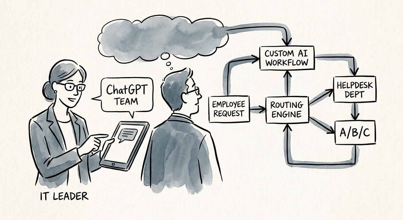 HR, IT, and finance leaders reviewing employee helpdesk routing rules before AI automation.
