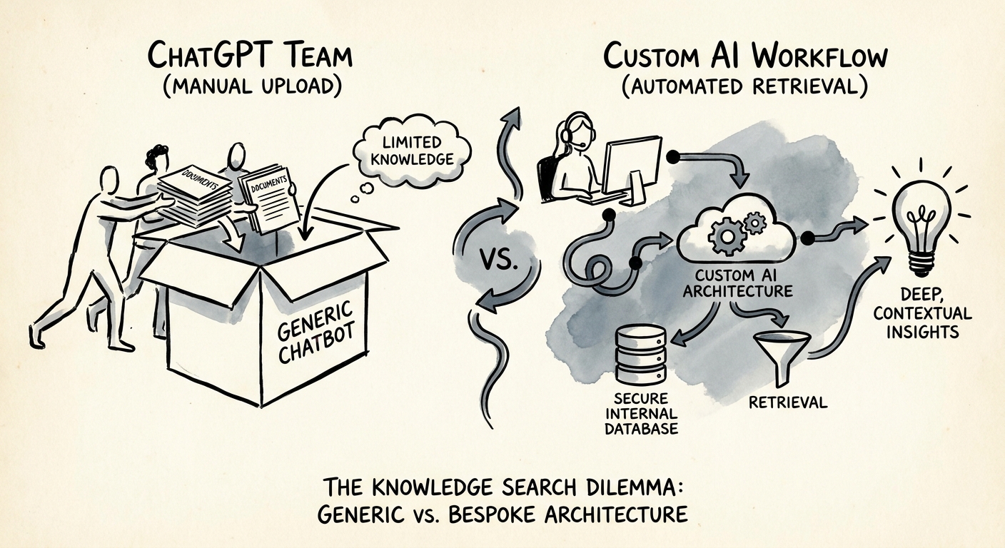 Internal knowledge search workflow showing approved sources, stale-document rules, permission checks, answer citations, and usage analytics.
