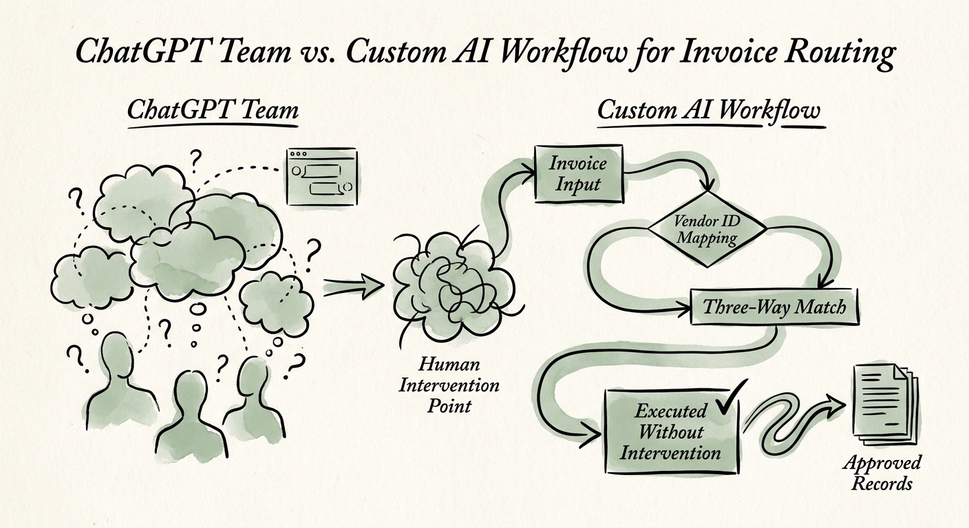 Invoice routing workflow showing AP inbox, OCR, vendor master, PO match, approval matrix, GL coding, exception review, and ERP update.