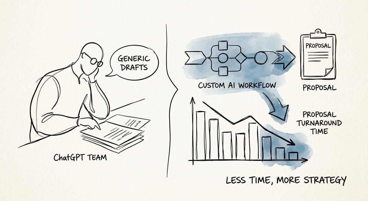 Proposal drafting build-vs-buy workflow showing CRM opportunity, approved proof, margin check, delivery-capacity review, and final proposal owner.
