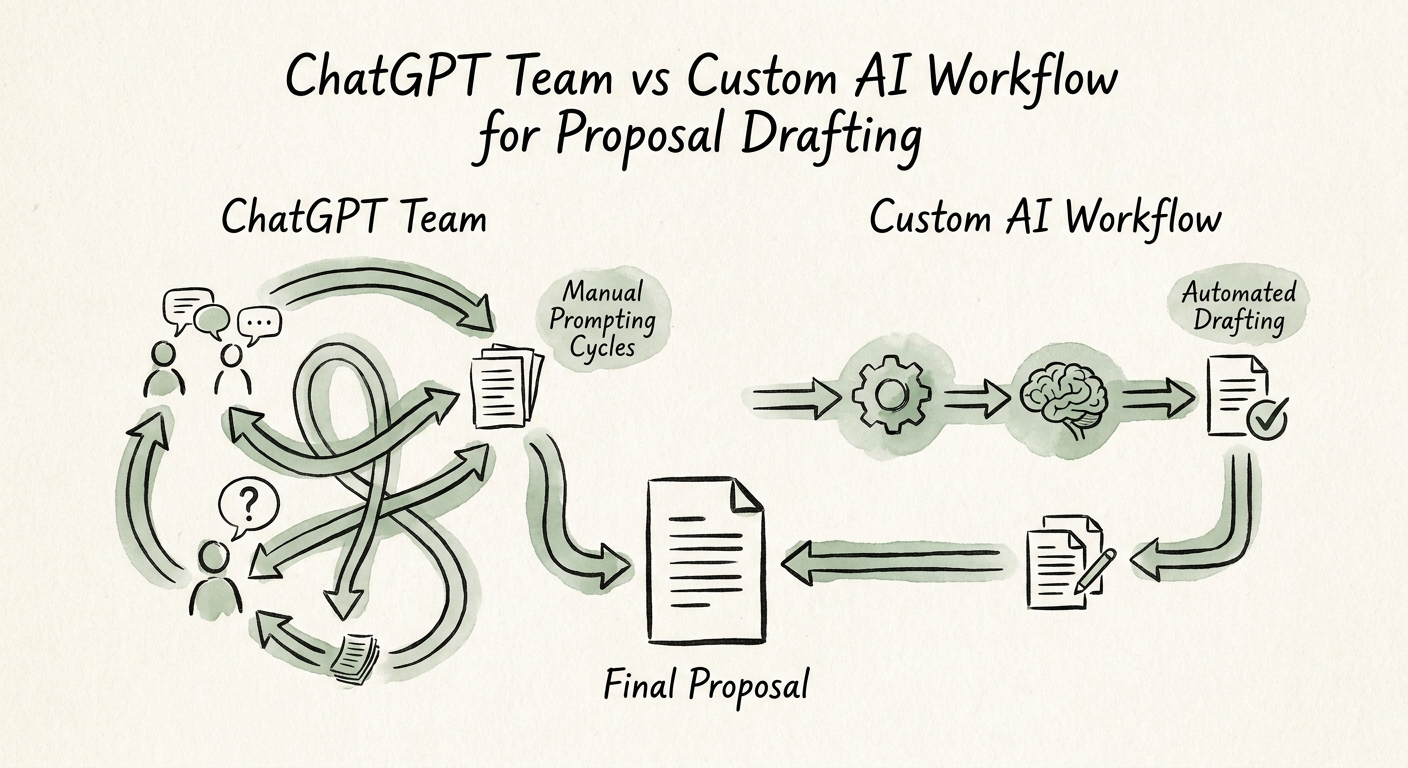 B2B services proposal team comparing ChatGPT Business drafting with a custom workflow tied to CRM scope, rate card, proof points, and reviewer approval.