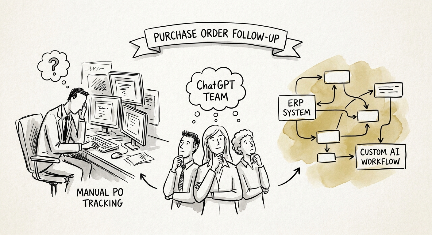 A mid-market operator reviewing a governed AI workflow for purchase order follow-up.