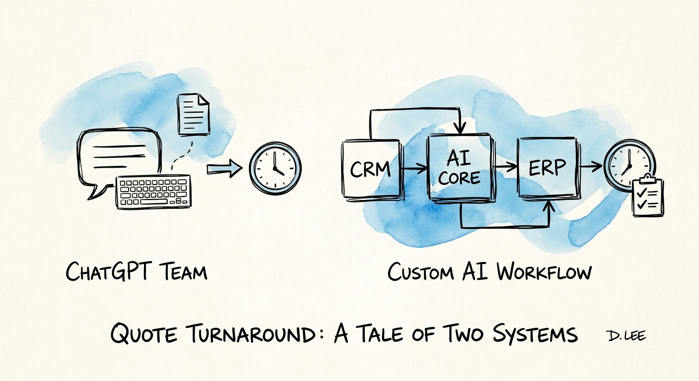 Sales and operations leaders comparing ChatGPT Team with a custom quote turnaround workflow connected to CRM and pricing sources.