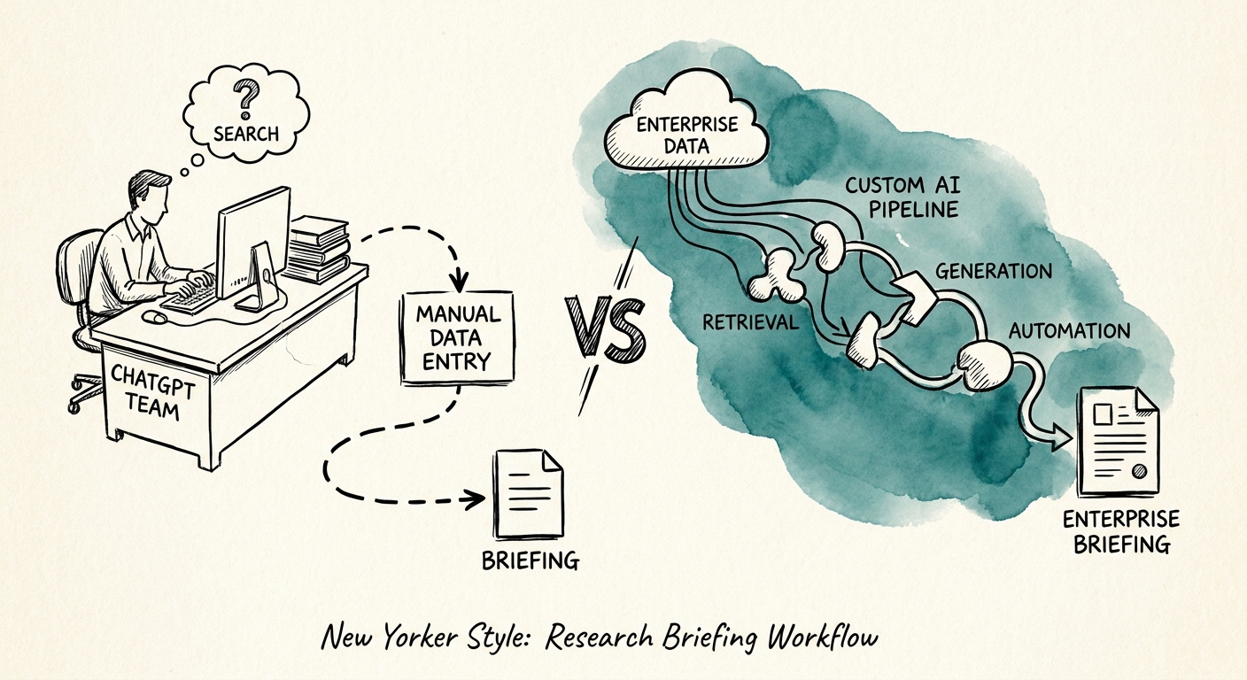 Research, sales, and strategy teams in growing businesses reviewing an AI workflow plan for research briefing.