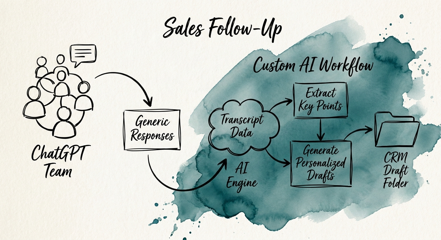Sales follow-up build-vs-buy workflow showing call note, buyer role, CRM stage, manager correction, and approved follow-up draft.