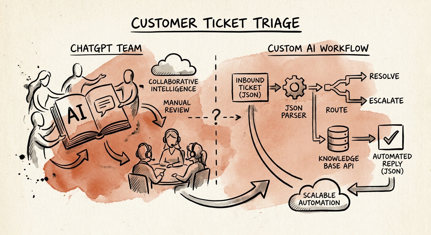 Ticket triage build-vs-buy workflow showing helpdesk source, SLA risk, queue owner, manager override, and routing outcome.