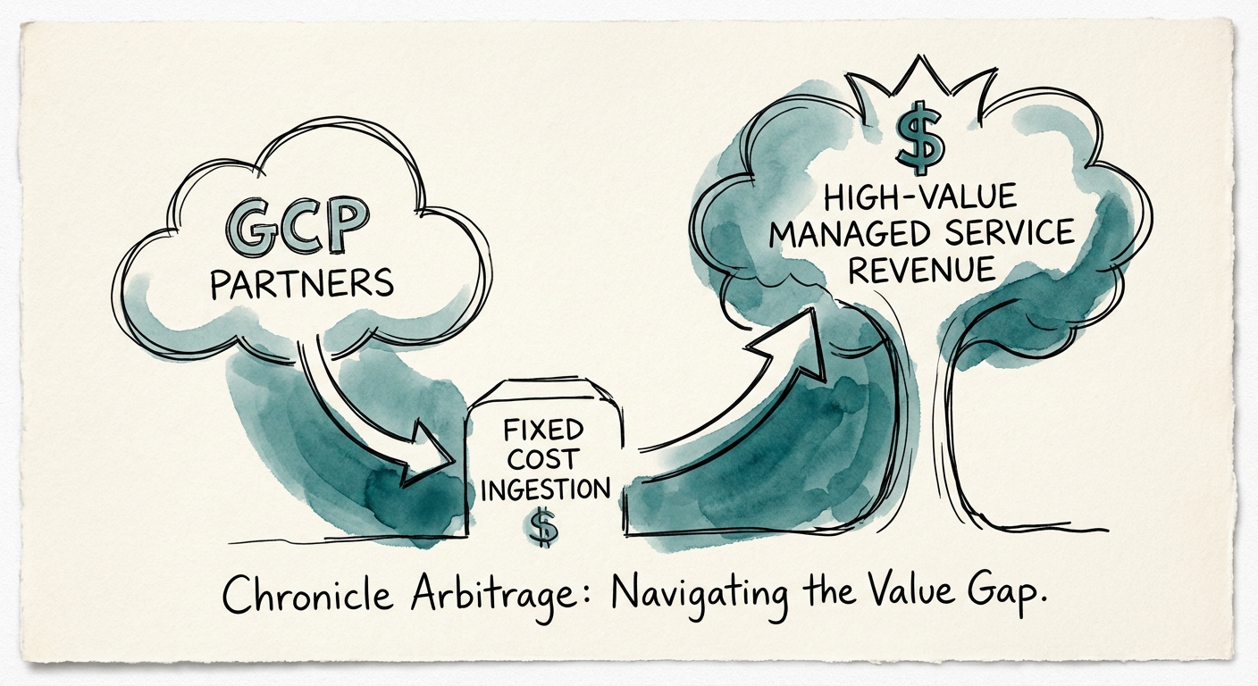 Diagram illustrating the 'Chronicle Arbitrage' pricing model: Fixed cost ingestion for partners vs. high-value managed service revenue from clients.