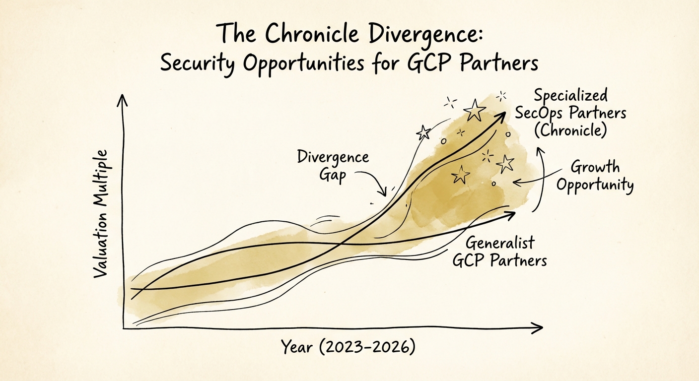 Graph showing the divergence in valuation multiples between Generalist GCP Partners and Specialized SecOps Partners from 2023 to 2026.
